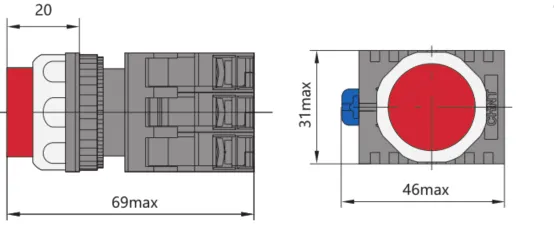 Габариты кнопок NP8 с выступающим толкателем.