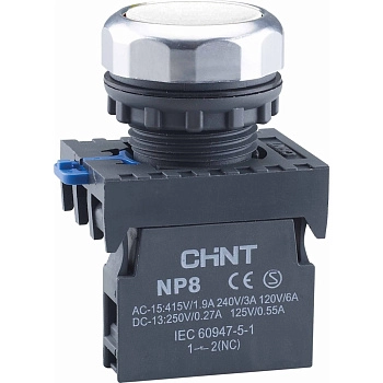 667551 | Кнопка упр. NP8-11BND/1 подсветка, самовозв, белый, AC110-230В(LED), 1НО+1НЗ, IP65 (Аналог ch667127), Chint