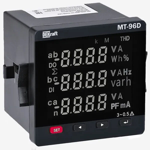 51509DEK | Мультиметр 96х96мм трехфазный, вход 600В 5А, THD+multi-tariff, RS485+DO, МТ-96D, Dekraft