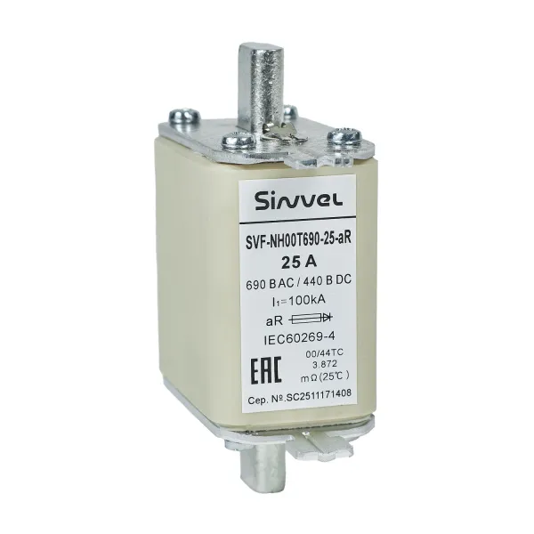 SVF-NH00T690-25-aR | Предохранитель, 25 А, 690 В AС, aR, габарит 00, ножи, Sinvel 