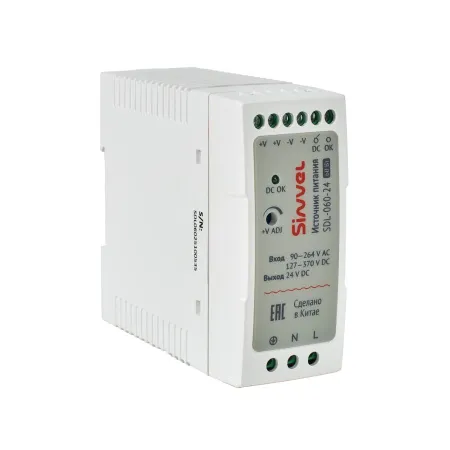 Блок питания SDL 60 Вт, питание 90-264В AC, 127-370В DC; выход 24В DC, пластиковый корпус, Sinvel, SDL-060-24