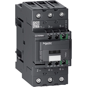 LC1D50AKUE | Контактор, серия Tesys D Green, 3P, 50 А, AC3, 1 НО +1 НЗ, 100-250В AC/DC, Schneider Electric