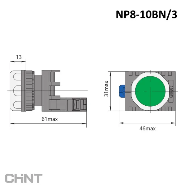 667232 | Кнопка NP8-10BN/3 зелёная, 1НО, IP65, Chint