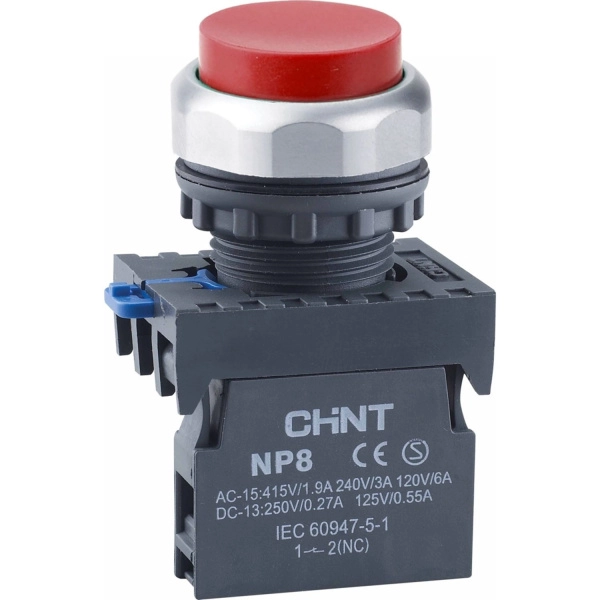 667612 | Кнопка упр. выступ., NP8-20GND/4 подсвет., самовозв., красн., AC110В-220В(LED), 2НО, IP65, Chint