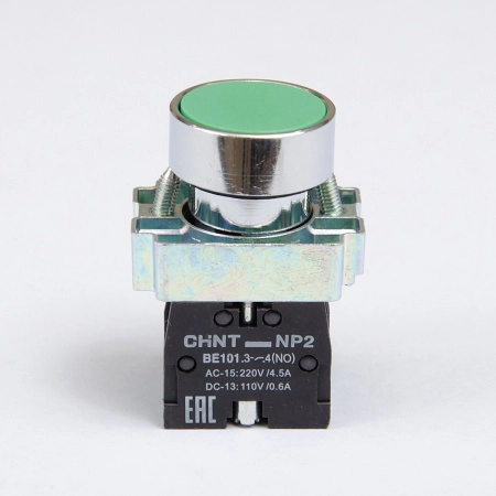 573763 | Кнопка NP2-BA35, зелёная, металл, 1НЗ+1НО, IP40, Chint