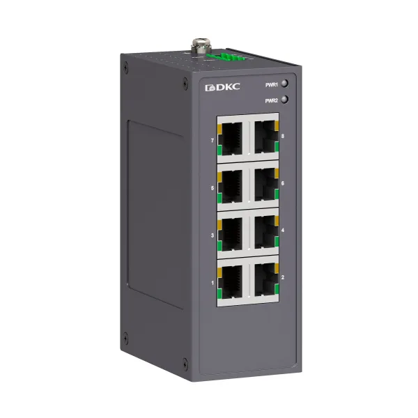 dkcN1000-8T-P2 | Неуправляемый коммутатор, 8×10/100Base-T(X) портов RJ45, 12-48В DC/18-30В AC, с резервированием, DKC