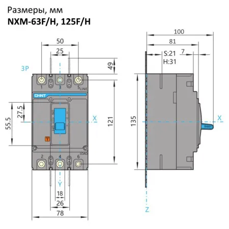 844286 | Автоматический выключатель NXM-125H/3P 32А 50кА, Chint