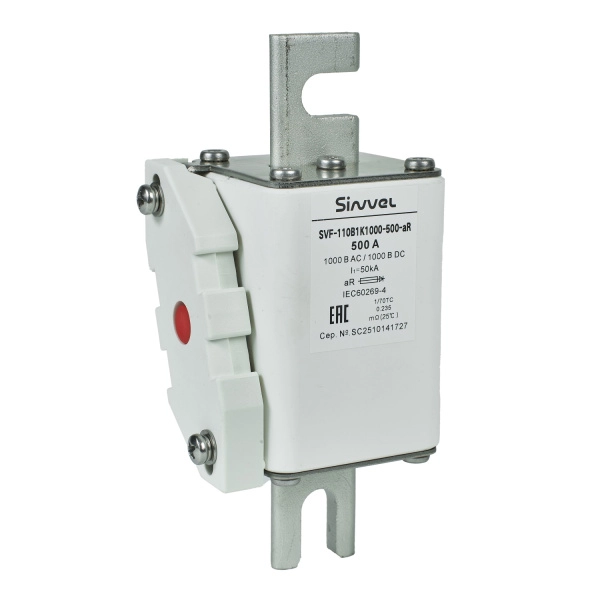 SVF-110B1K1000-500-aR | Предохранитель, 500 А, 1000 В DC / 1000 В AC, aR, ножи под болт, габ 1, монт расст 110 мм, Sinvel 