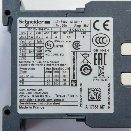 LC1K0910M7 | Контактор, серия Tesys K, 3P, 9 А, AC3, 1 НО, 220В AC, Под винт, Schneider Electric