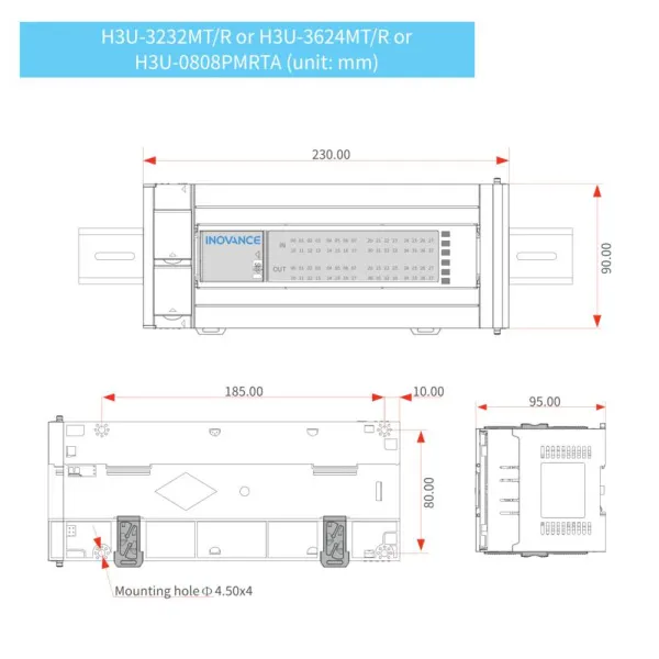 H3U-3232MT | ПЛК H3U 32 входа 32 выхода транзисторных NPN, 1 x RS485, 1 x RS422,1 x CAN port,1 x Ethernet port, Inovance