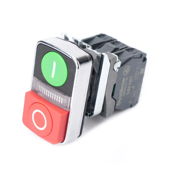 SB4BW73731M5 | Кнопка двойная, зел плоск. "I", крас выступающ. "О", бел центр, металл, подсветка 230В АС, 1НО+1НЗ, Systeme Electric