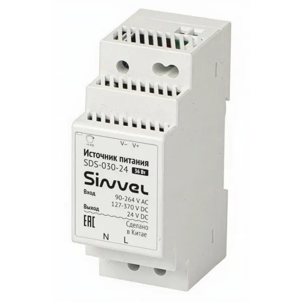 Блок питания модульный 36Вт, вход 90-264В AC, 127-370В DC; выход 24В DC, пластиковый корпус, Sinvel, SDS-030-24
