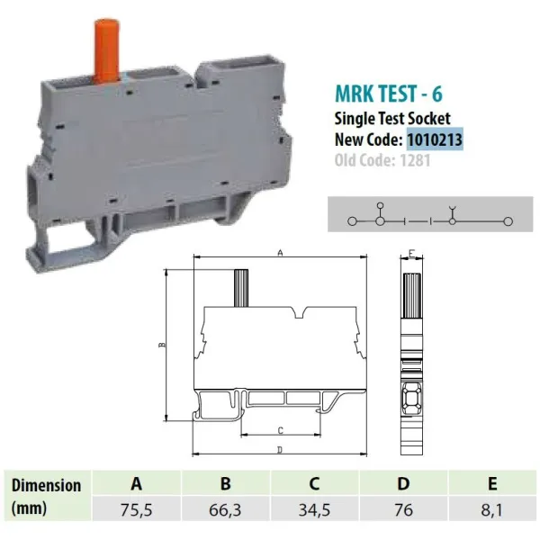 1010213 | Клеммник измерительный с 1-м тест. разъемом, 6мм кв., (серый),1281, Onka