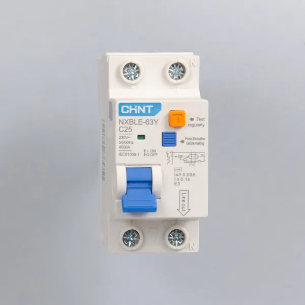 105544 | Дифференциальный автомат NXBLE-63Y 1P+N 25А 30мА электронный тип AС, характеристика C, 4,5кА, Chint