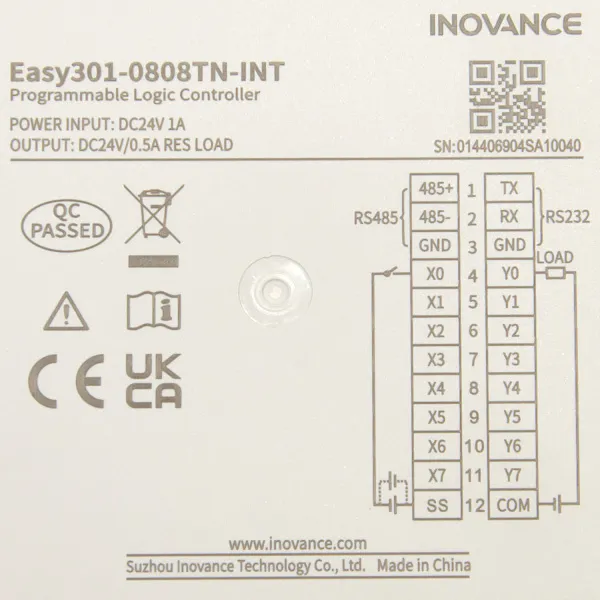 Easy301-0808TN | ПЛК Easy301, 8 входов PNP/NPN, 8 выходов NPN, 1x RS485, 1x RS232, 1x USB, 4 сервооси , Inovance