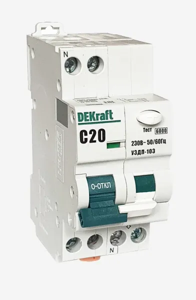 19090DEK | Устройство защиты от дугового пробоя 1P+N 20A характеристика C УЗДП-103 6кА, Dekraft