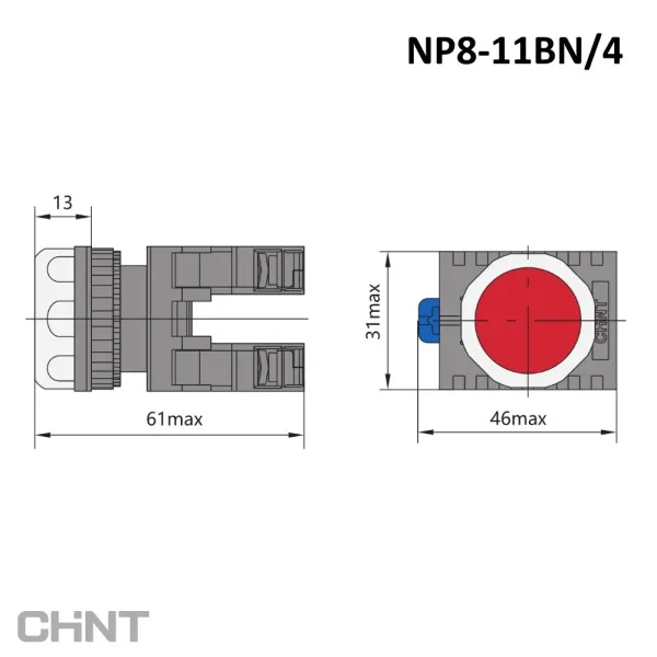 667114 | Кнопка NP8-11BN/4 красный, 1НО+1НЗ, IP65, Chint