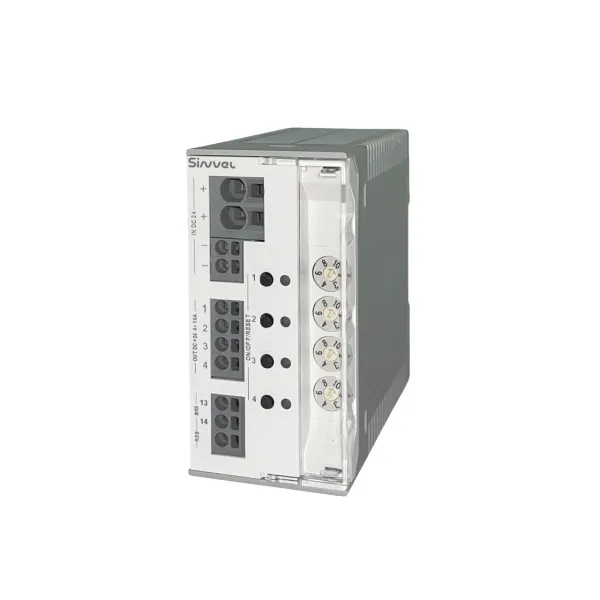 Автоматический выключатель 24В DC, 4 канала 2...10 А, сигнализация - сухие контакты, Sinvel, SECB-N-04-24-10