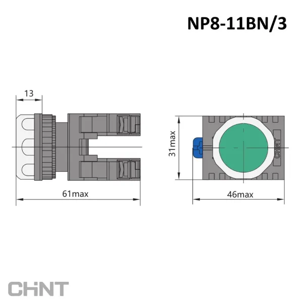 667113 | Кнопка NP8-11BN/3 зелёная, 1НО+1НЗ, IP65, Chint