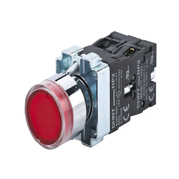 574366 | Кнопка NP2-BW3365, 1НО+1НЗ, металл, красная, подсветка LED 230В AC/DC, IP40, Chint