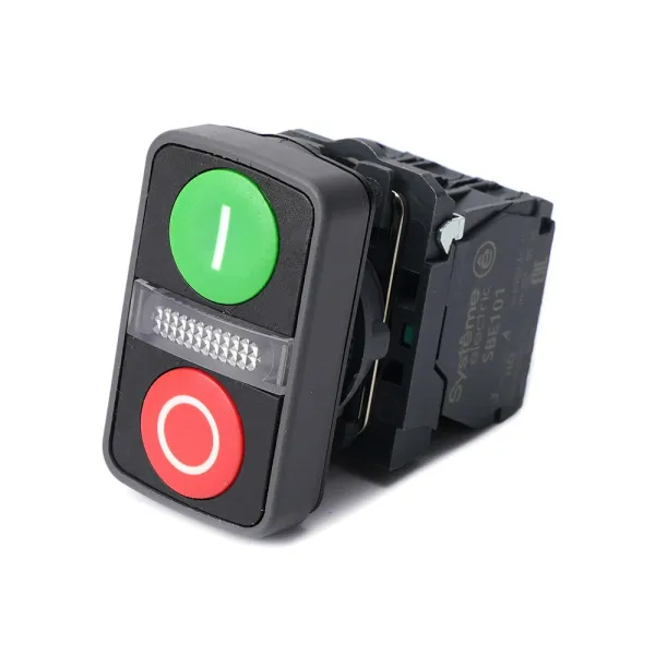 SB5AW7A3741B5 | Кнопка двойная, чёрный обод, зел "I", крас "О", бел центр, пластик, подсветка 24В DС, 1НО+1НЗ, Systeme Electric