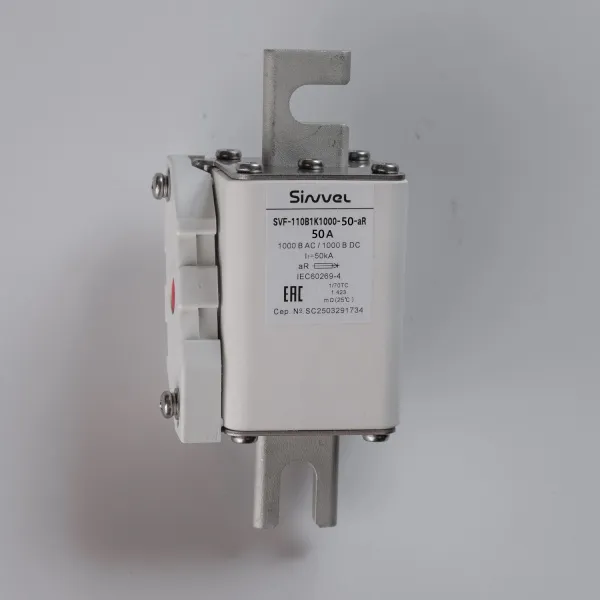 SVF-110B1K1000-50-aR | Предохранитель, 50 А, 1000 В DC / 1000 В AC, aR, ножи под болт, габ 1, монт расст 110 мм, Sinvel 
