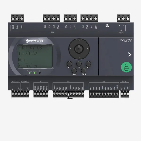 SM172PS11BDT | ПЛК S172; 24 VDC; дисплей; 28 IO: 8 DI, 8 DO (транзистор), 8 AI, 4 AO; 2xRS485, 1xRJ45, Systeme Electric