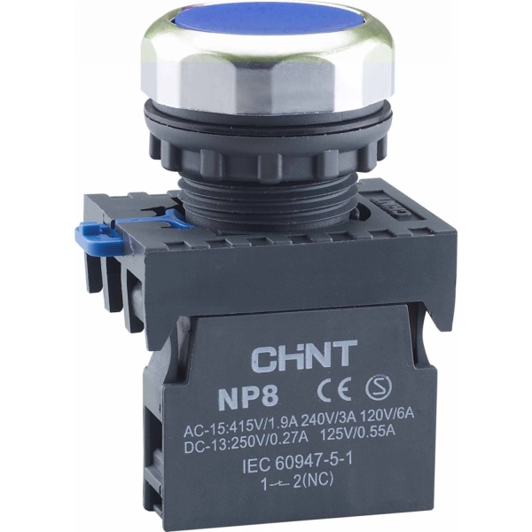 667550 | Кнопка упр. NP8-11BND/6 подсветка, самовозв, синий, AC110-230В(LED), 1НО+1НЗ, IP65 (Аналог ch667126), Chint