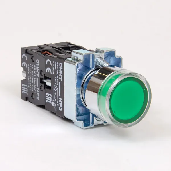 574365 | Кнопка NP2-BW3265, 1НО+1НЗ, зелёная, металл, подсветка LED 230В AC/DC, IP40, Chint