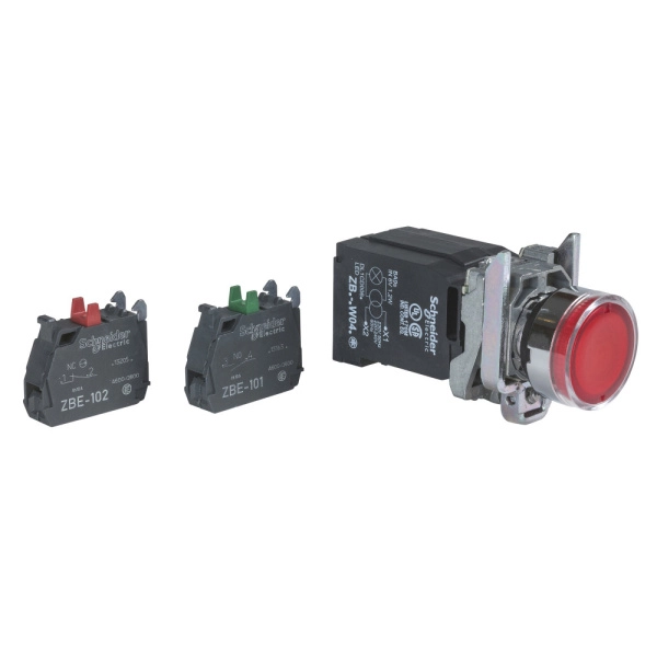 XB4BW3435 | Кнопка с подсветкой 110В AC с возвратом, красная, 1НО+1НЗ, через трансформатор 6В, 1,2ВА, Schneider Electric