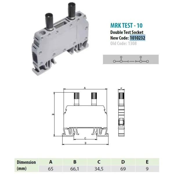 1010232 | Клеммник измерительный с 2-мя разъемами, 10мм.кв., (серый),1308, Onka