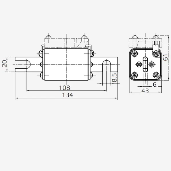 SVF-110B0K1000-63-aR | Предохранитель, 63 А, 1000 В DC / 1000 В AC, aR, ножи под болт, габ 0, монт расст 110 мм, Sinvel 