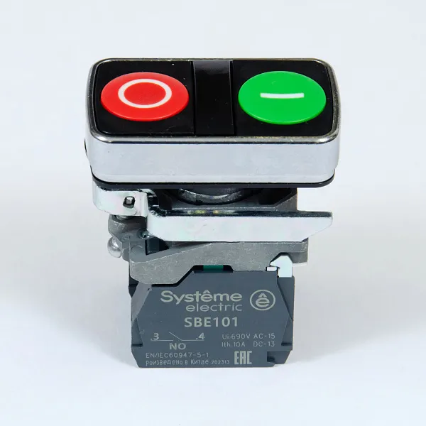 SB4BL73415 | Кнопка двойная, зелёная "I" плоская, красная "O" плоская, металл, 1НО+1НЗ, Systeme Electric