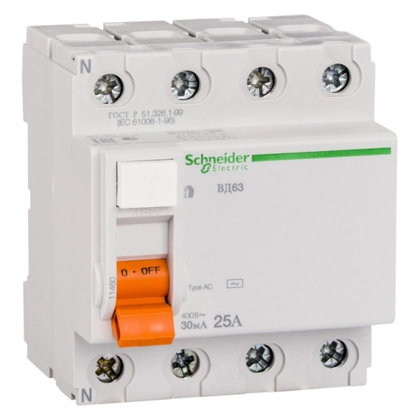 11468 | УЗО, серия Домовой ВД63, 3p+N, 63А, 300мА, тип AC, Schneider Electric
