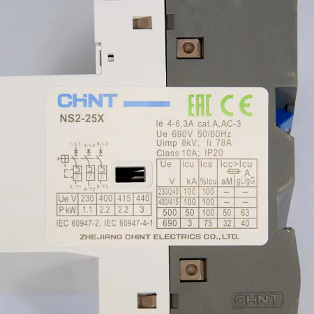 Автоматический выключатель защиты двигателя NS2-25X 4-6.3А с поворотной ручкой, Chint, ch495184