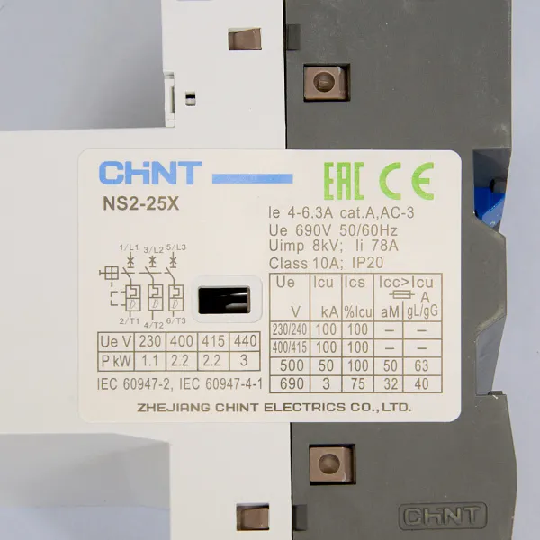 Автоматический выключатель защиты двигателя NS2-25X 4-6.3А с поворотной ручкой, Chint, ch495184