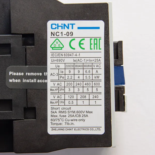 221033 | Контактор NC1-0910 9А 230В/АС3 1НО 50Гц, Chint