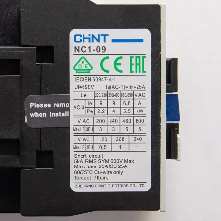 220800 | Контактор NC1-0901 9А 230В/АС3 1НЗ 50Гц, Chint