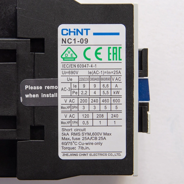 220800 | Контактор NC1-0901 9А 230В/АС3 1НЗ 50Гц, Chint