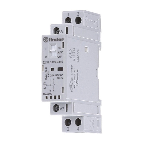 223201204420 | Контактор, 2НЗ, 25 А, 120В AC/DC, мех.индикатор + LED, AgSnO2, Finder