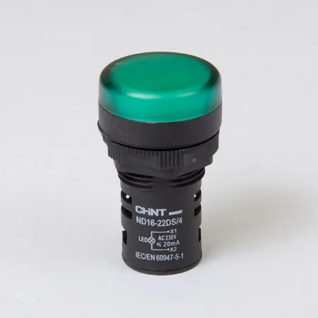 593071 | Индикатор ND16-22DS/4 укороченный корпус, встроенный конденсатор, зелёный 230В АС, Chint