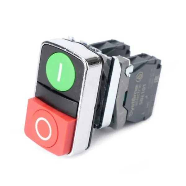 SB4BA73415 | Кнопка двойная, зелёная "I" плоская, красная "O" выступающая, металл, 1НО+1НЗ, Systeme Electric