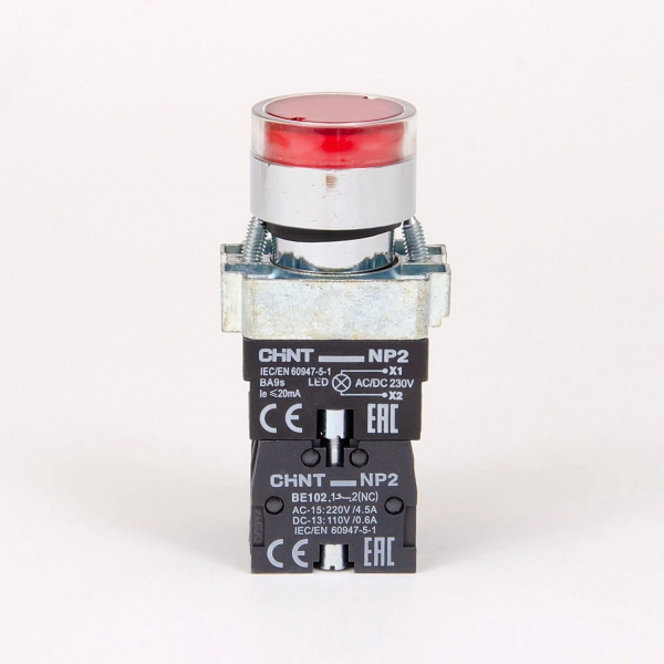 575421 | Кнопка управления NP2-BW3462 плоская, красная, 1НЗ, AC/DC230В (LED), IP40 (Аналог ch573823), Chint