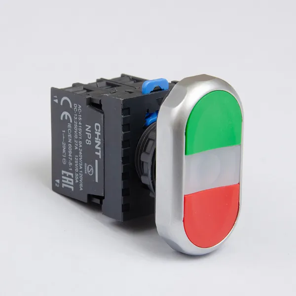 667563 | Двойная кнопка NP8-11SD/3 зелёная подсветка LED 110-230В AC, 1НО+1НЗ, IP65, Chint