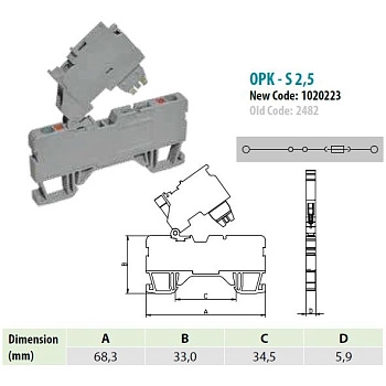 1020254 | OPK 2,5 SLD 48VAC/DC; Клеммник (Push in) с держ.предохр.(5х20), 2,5 мм.кв., с индикацией 48VAC/DC, Onka