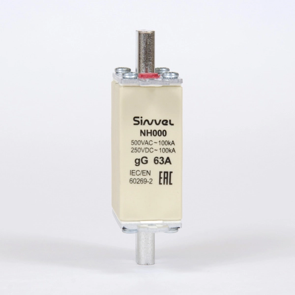 FNH000S-63 | Предохранитель 63 A, габарит 000, gG, 500 B AC/ 250 B DC, боёк, Sinvel 
