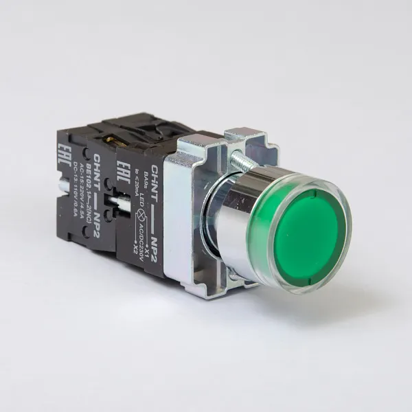574268 | Кнопка управления NP2-BW3365 1НО+1НЗ зеленая AC/DC230В(LED) IP40, Chint