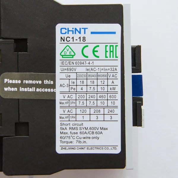 221545 | Контактор NC1-1810 18А 230В/АС3 1НО 50Гц, Chint