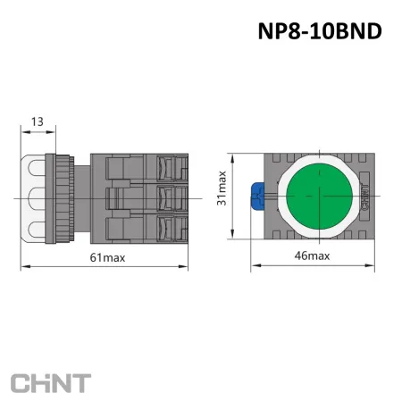 667584 | Кнопка упр. NP8-10BND/3 подсветка, самовозв, зеленый, AC110-230В(LED), 1НО, IP65 (Аналог ch667251), Chint