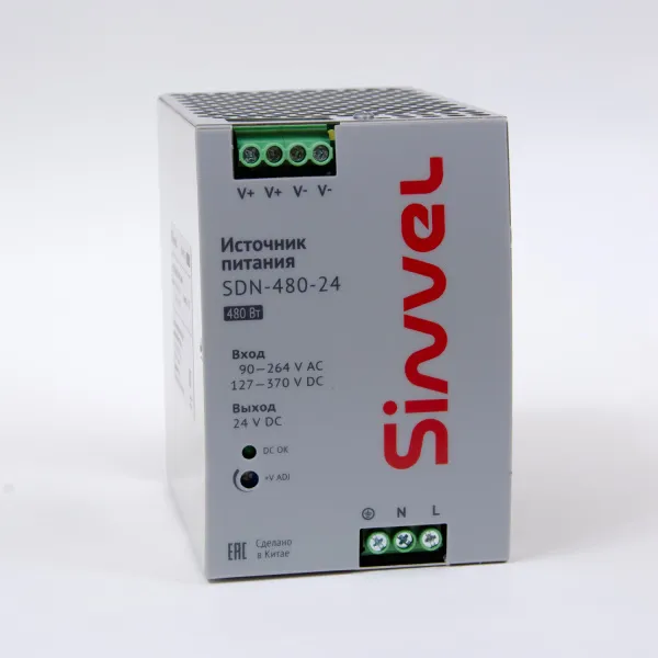Блок питания SDN 480 Вт, питание 90-264В AC, 127-370В DC; выход 24В DC, металлический корпус, Sinvel, SDN-480-24